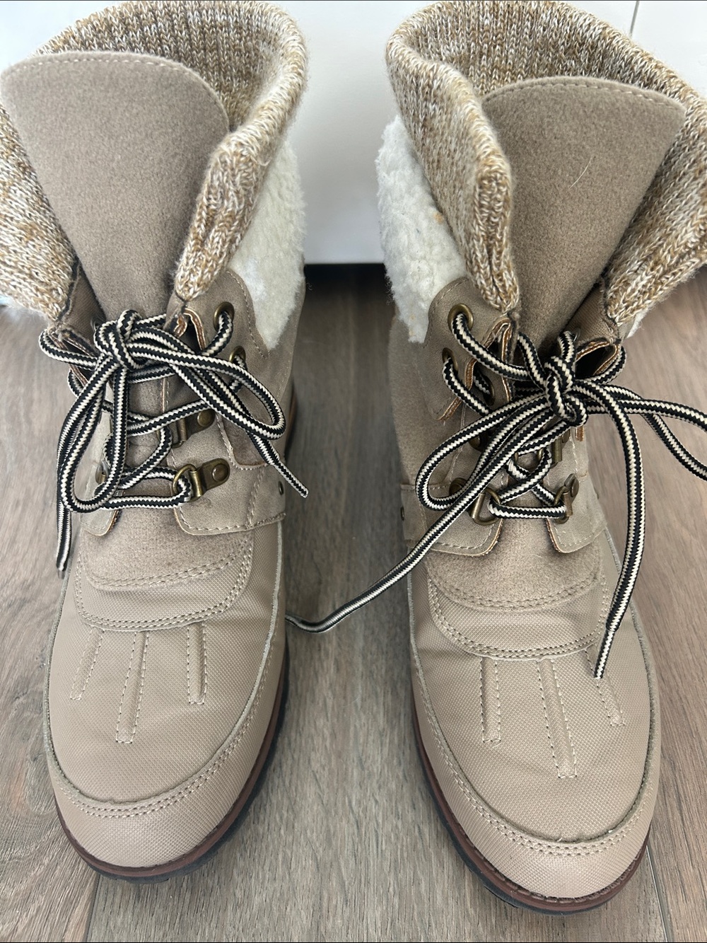 Rock & Candy Taupe Lace-Up Winter Boots with Sherpa Trim